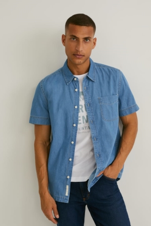 Denim Light Blue C&A Mustang Denim Slim Fit Kent Collar Men's Shirts | CRFQW-9367