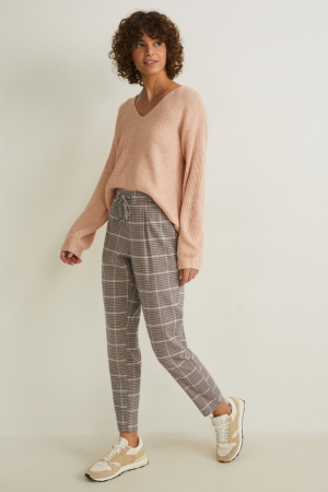 Gray / Beige C&A Cloth Mid-rise Waist Check Women's Trousers | MCPEG-7942