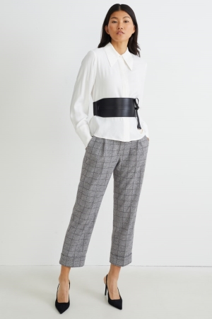 Gray / Black C&A Cloth High-rise Waist Tapered Fit Check Women's Trousers | AJICD-4130