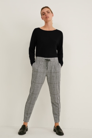 Gray / Black C&A Cloth Mid-rise Waist Check Women's Trousers | NQYFE-2914