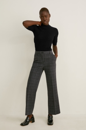 Gray / Black C&A Cloth Mid-rise Waist Wide Leg Recycled Check Women's Trousers | NBTIV-1675