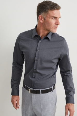 Gray C&A Business Slim Fit Kent Collar Easy-iron Men's Shirts | DPLGI-0395