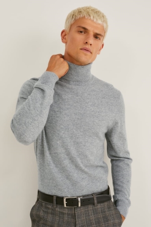 Gray Melange C&A Cashmere Polo Neck Men's Jumper | LHXJI-1309