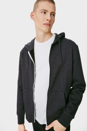 Gray Melange C&A Clockhouse Zip-through With Hood Men's Sweatshirts | ZUIJY-5846