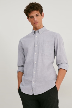 Gray Melange C&A Oxford Regular Fit Button-down Collar Men's Shirts | ZPXCQ-0768