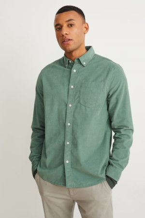 Green C&A Corduroy Regular Fit Button-down Collar Men's Shirts | GPSFY-9075