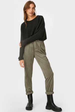 Green C&A Relaxed Fit Faux Suede Women's Trousers | PUKAS-7154