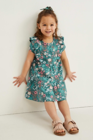 Green C&A Set And Scrunchie 2 Piece Floral Girls' Dress | EWDYS-3567