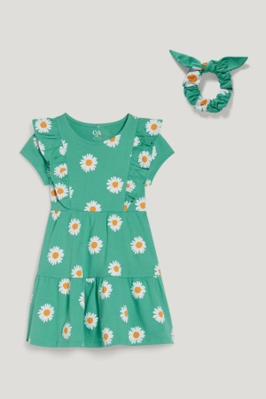 Green C&A Set And Scrunchie 2 Piece Floral Girls' Dress | YOSXF-1380