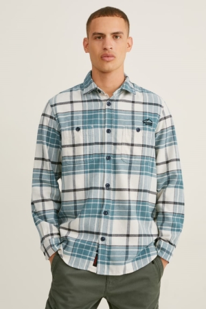 Green / Creme White C&A Flannel Regular Fit Kent Collar Check Men's Shirts | IRNKQ-3145