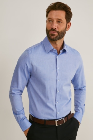 Light Blue C&A Business Slim Fit Kent Collar Easy-iron Men's Shirts | UAKPF-1538