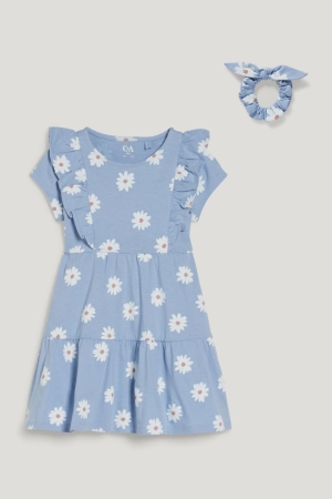 Light Blue C&A Set And Scrunchie 2 Piece Floral Girls' Dress | EZWQO-1602