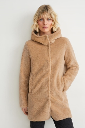 Light Brown C&A Faux Fur With Hood Women's Coats | AIKLD-3781