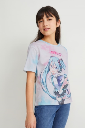 Light Violet C&A Hatsune Miku Sleeve Girls' T-shirts | FHODB-2398