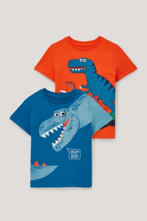 Orange / Blue C&A Multipack Of 2 Dinosaur Sleeve Boys' T-shirts | BOREX-1286