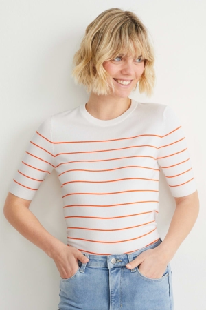 Orange / Creme White C&A Basic Lenzing™ Ecovero™ Striped Women's Jumper | UXHRI-7694