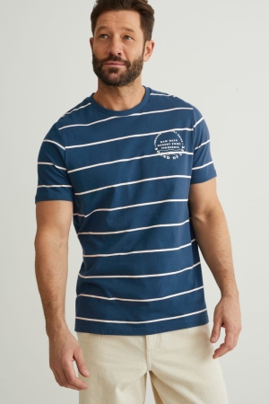 Petrol C&A Striped Men's T-shirts | LHNTR-9708