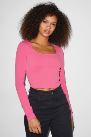 Pink C&A Clockhouse Cropped Long Sleeve Women's Top | UEKJQ-2908