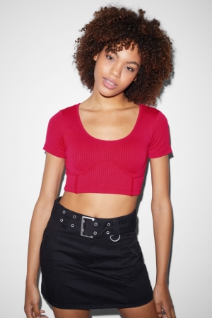 Pink C&A Clockhouse Cropped Women's T-shirts | CZTGJ-8019