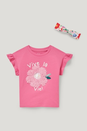 Pink C&A Set Sleeve And Hairband 2 Piece Floral Girls' T-shirts | XJQBL-5039