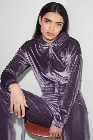 Purple C&A Clockhouse Velvet Cropped Women's Hoodie | PWDJK-7091