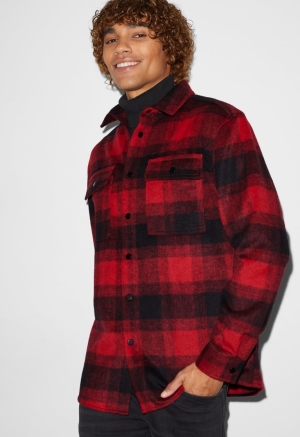 Red / Black C&A Clockhouse Relaxed Fit Kent Collar Recycled Check Men's Shirts | VQFRI-5498