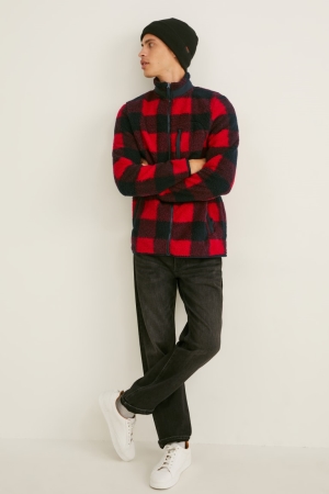 Red / Black C&A Teddy Fur Check Men's Jackets | IUCRA-9175