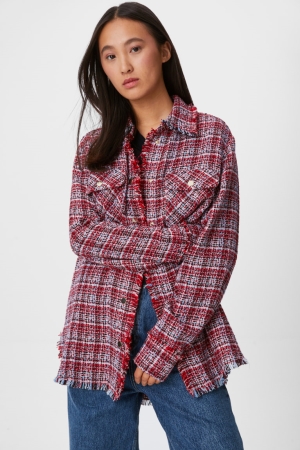 Red C&A Bouclé Shacket Check Women's Jackets | HSBAC-2049