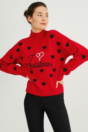 Red C&A Christmas Women's Jumper | YLGES-8947