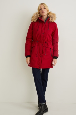 Red C&A Parka With Hood And Faux Fur Trim Winter Women's Coats | TMSXB-0196