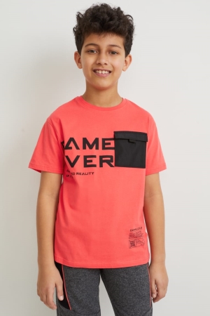 Red C&A Sleeve Augmented Reality Motif Boys' T-shirts | STOMN-9810