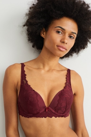 Red C&A Underwire Bra Plunge Padded Women's Underwear | LIYZM-1382