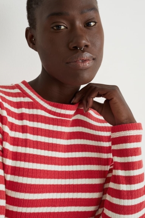 Red / Creme White C&A Long Sleeve Striped Women's Top | QOLXJ-4860