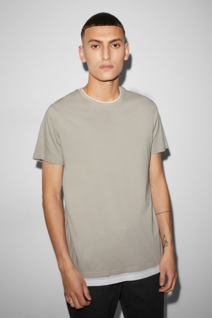 Taupe C&A 2-in-1 Look Men's T-shirts | BLUEP-1643