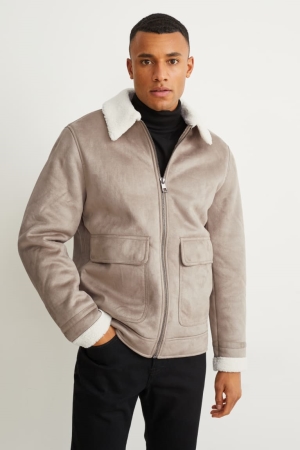 Taupe C&A Shearling Faux Suede Men's Jackets | HPOQD-5362