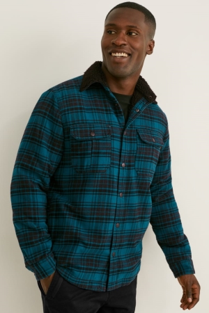 Turquoise / Black C&A Flannel Thermolite® Check Men's Shirts | AMJVF-4236