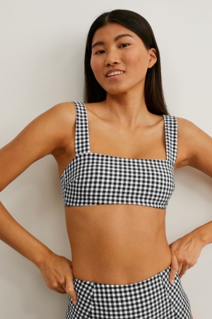 White / Black C&A Bikini Padded Non-wired Check Women's Swimwear | KZEDH-0368