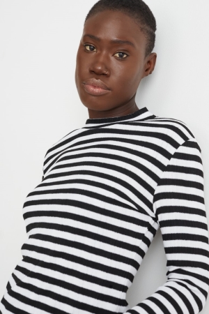 White / Black C&A Long Sleeve Striped Women's Top | XJCPF-1527