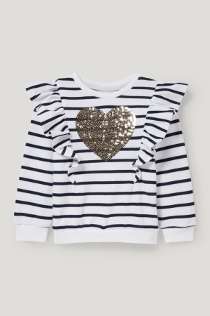 White / Blue C&A Shiny Striped Girls' Sweatshirts | UITPY-0479