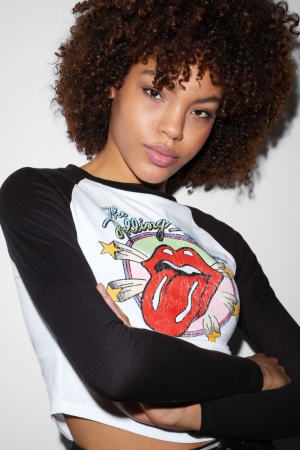 White C&A Clockhouse Cropped Long Sleeve Rolling Stones Women's Top | JWBKE-4105