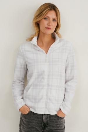 White C&A Fleece Check Women's Hoodie | DSPUJ-7410