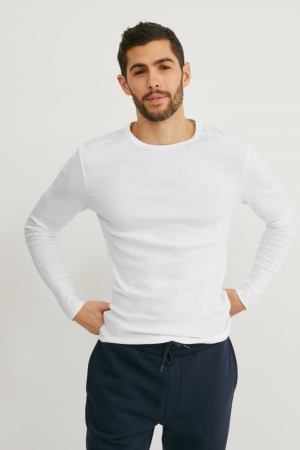 White C&A Long Sleeve Organic Cotton Men's Top | KPGYQ-6942