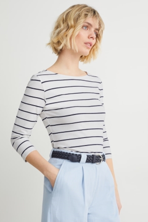 White C&A Long Sleeve Striped Women's Top | VNAFE-9438