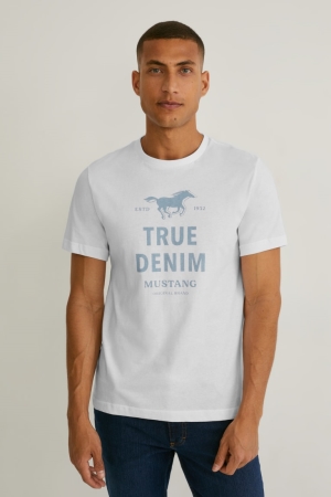 White C&A Mustang Men's T-shirts | FWHUY-2639