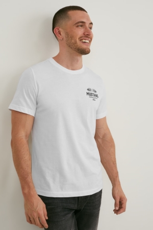 White C&A Mustang Men's T-shirts | JUXCS-1469