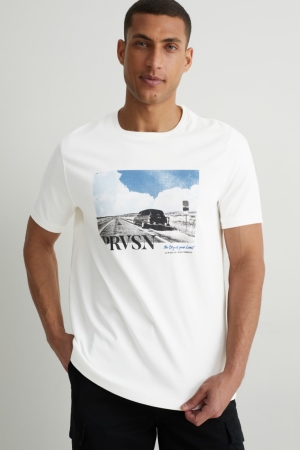 White C&A Pima Cotton Men's T-shirts | FBHEZ-3160