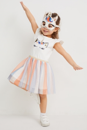 White C&A Set And Unicorn Mask 2 Piece Girls' Dress | ZLSXD-4597