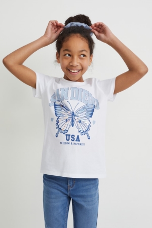 White C&A Set Sleeve And Scrunchie 2 Piece Girls' T-shirts | JYALI-9067