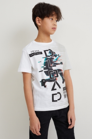 White C&A Sleeve Augmented Reality Motif Boys' T-shirts | NUBWS-4201