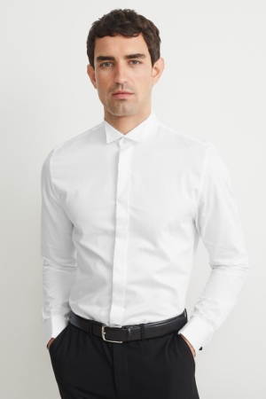 White C&A Tuxedo Slim Fit Wing Collar Easy-iron Men's Shirts | OKRQH-7680